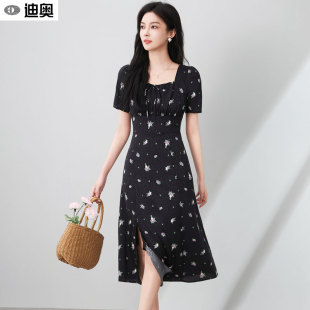 迪奥碎花连衣裙夏女25新款 复古浪漫茶歇裙气质方领显瘦A字裙 法式