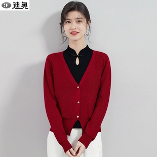 迪奥新中式红色针织衫女2026早春新款复古国风假两件本命年红毛衣