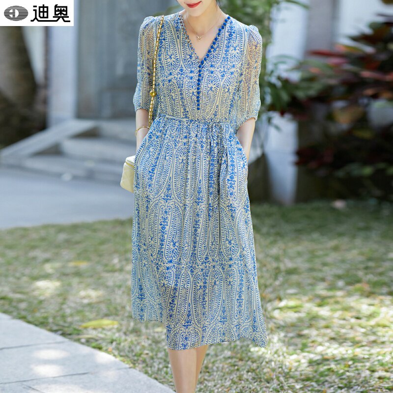 迪奥高端真丝印花连衣裙桑蚕裙子