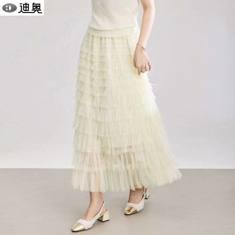 迪奥法式减龄半身裙女夏2026新款轻奢网纱羽毛蛋糕裙气质中长裙子