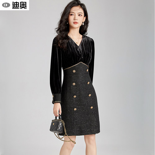 丝绒粗花呢显身材气质名媛A字裙