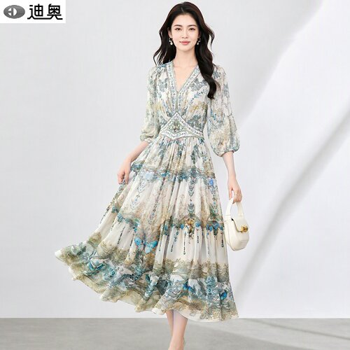 迪奥气质优雅大摆真丝连衣裙女夏
