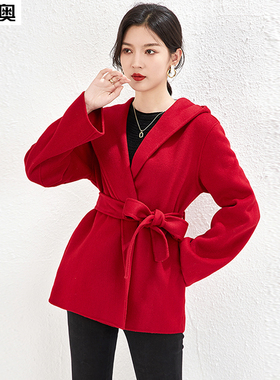 迪奥红色双面呢羊绒大衣女2024春秋新款收腰显瘦高端大牌毛呢外套