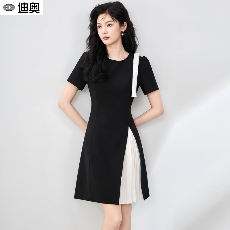 迪奥法式连衣裙夏25新款高级感撞色时尚短袖百褶裙气质A字中长裙