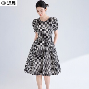 迪奥高级感印花连衣裙女夏2026新款气质名媛小香风纯棉短袖中长裙