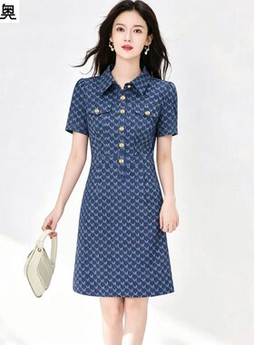 小个子牛仔色A字裙女翻领连衣裙