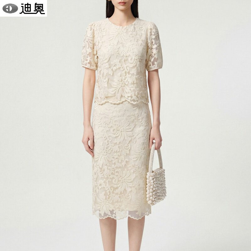迪奥独特漂亮裙子套装女夏2026新款发丝镂空蕾丝短袖+气质半身裙