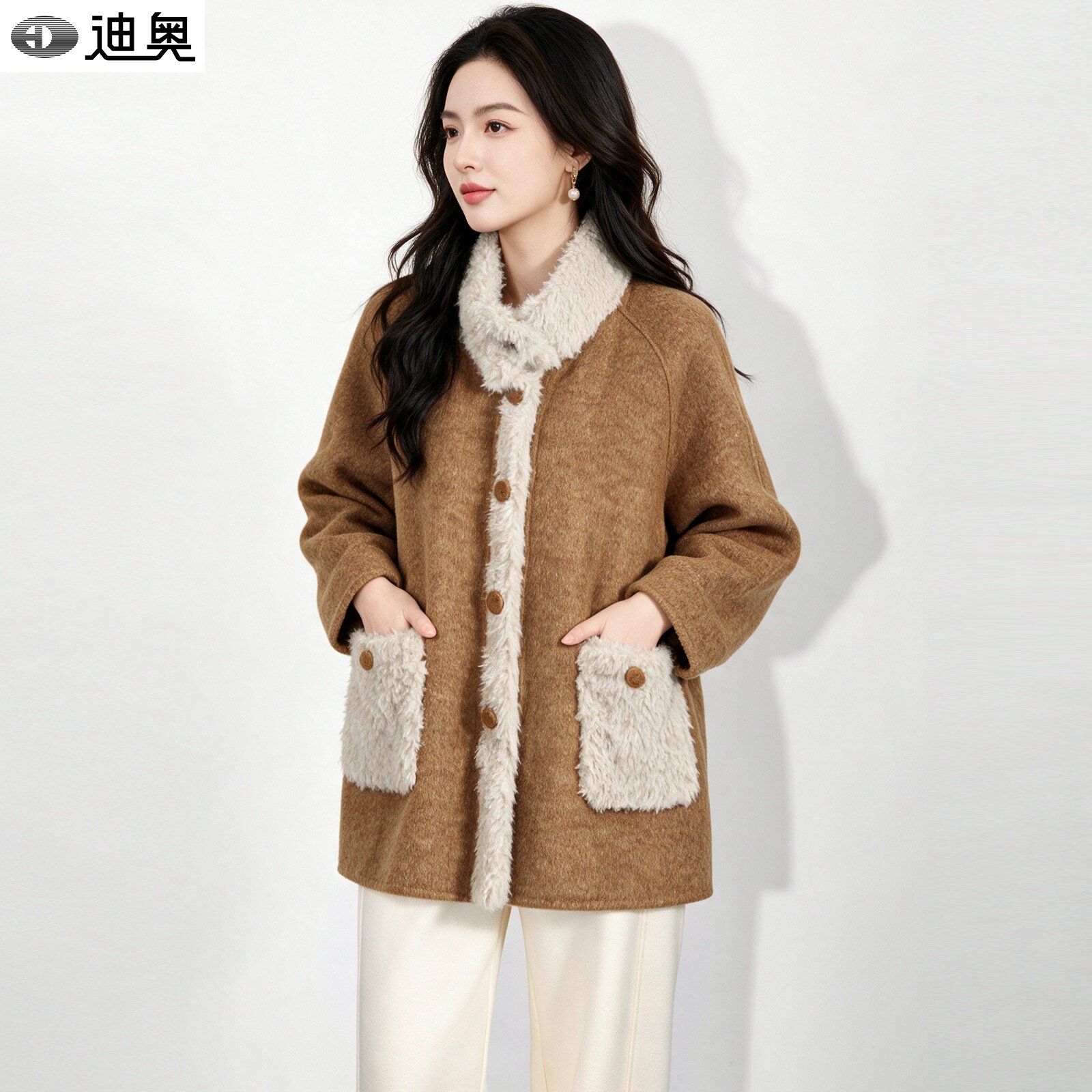 迪奥100%羊毛双面呢大衣女2026冬新款高端气质羊羔毛拼接毛呢外套