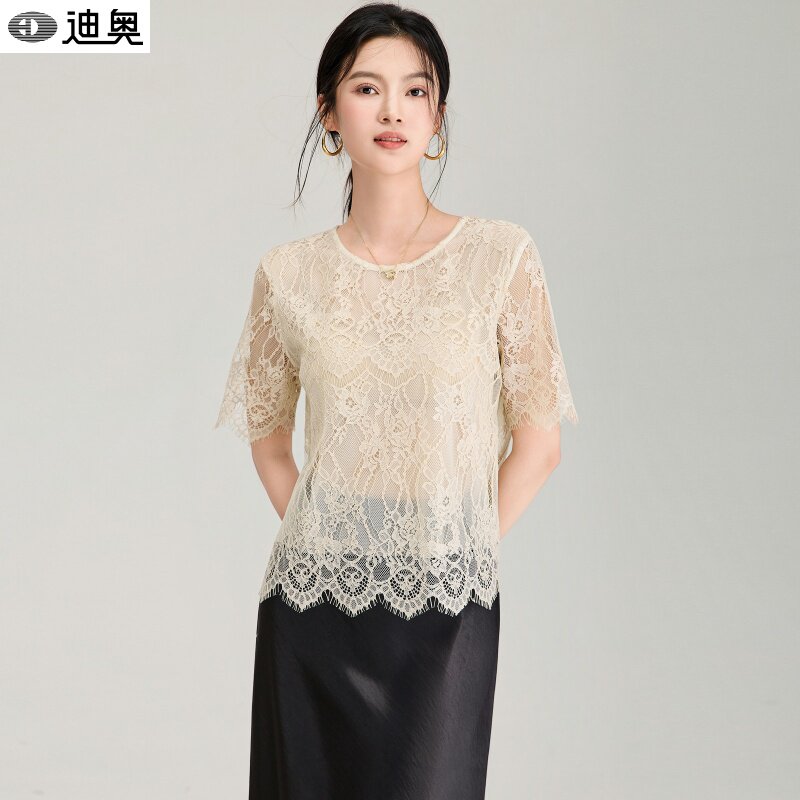 迪奥法式蕾丝短袖女夏2026新款小众气质设计宽松显瘦圆领T恤上衣