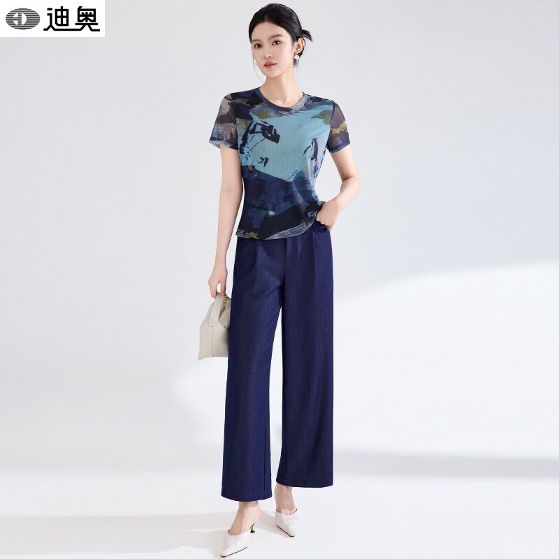 迪奥夏季套装女装2026新款气质印花T恤+显瘦直筒裤时尚洋气两件套