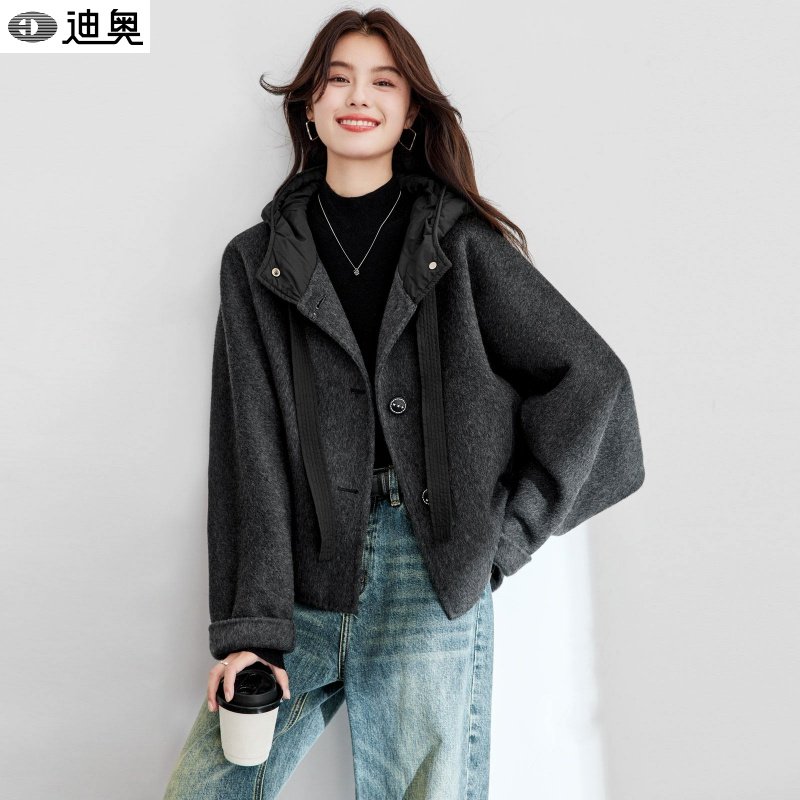 迪奥短款毛呢外套女2026新款高级设计感撞色连帽羊毛双面呢子大衣