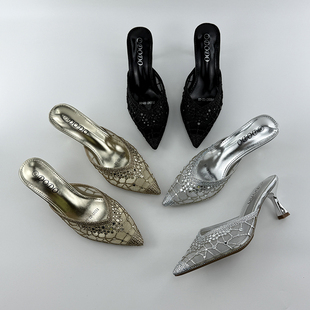 网纱气质性感半拖鞋女2025夏季新款宴会水钻尖头凉鞋细跟高跟鞋女