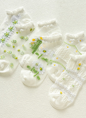 袜子女夏季超薄款花边冰丝袜女可爱日系船袜白色韩版玻璃丝短袜