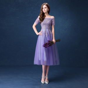 Purple bridal toast and bridesmaid dress for a short dinner party wedding dress