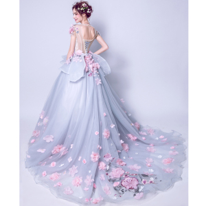 Blue gray diamond stereoscopic Flower Bridal tailed wedding dresses