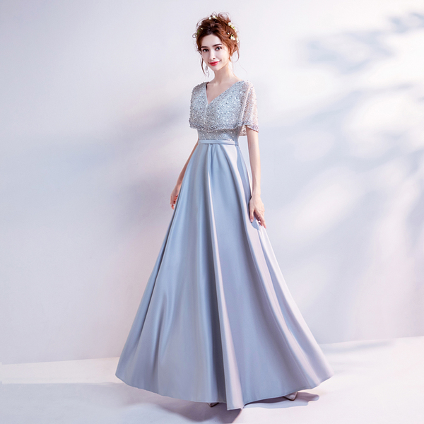 V collar heavy pearl cloak style grey dinner party stage show host dress