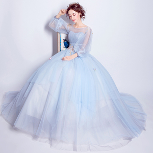Blue long sleeved wedding dinner party annual meeting show host wedding dress