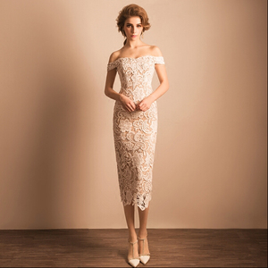 Elegant one word shoulder hollowed out lace short style of bridesmaid dress