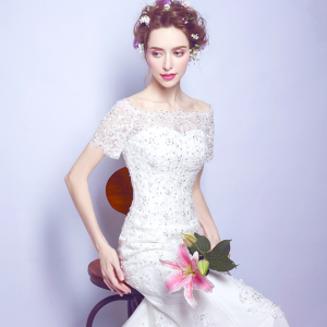 Lace one word shoulder repair tail trailing Bridal Wedding Dress