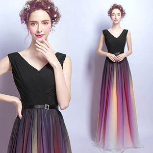 Tapered rainbow skirt black V collar dinner party annual meeting of host long dress bridesmaid suit