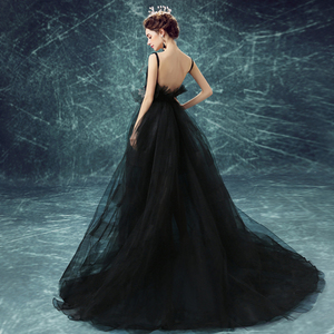 Black Sexy deep V collar princess bride wedding dinner will host show halter dress