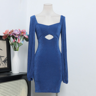 连衣裙A3 澳洲单PP小众设计性感辣妹方领纯色弹力修身 显瘦长袖