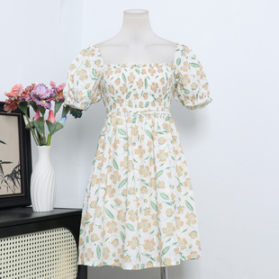 连衣裙A3 澳洲单小众设计法式 复古气质方领碎花裙收腰显瘦短款