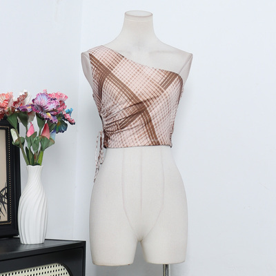 澳洲单PP小众设计性感辣妹斜肩网纱格子修身显瘦短款上衣A3-1
