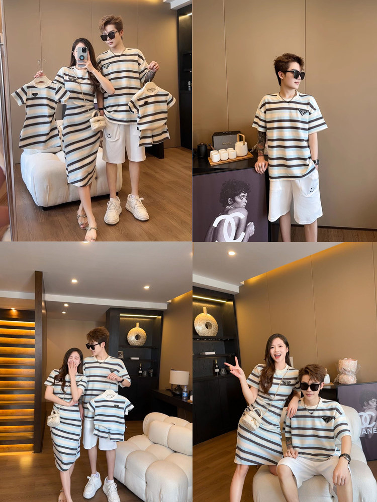 방학 친자복 여름 3인 가족 스트라이프 모녀 원피스 롱 스커트 모녀 반팔 티셔츠  가족복