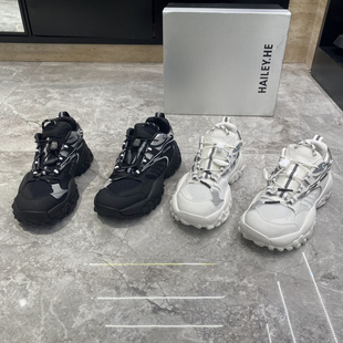 haileyhe欧洲站女鞋2024春款欧货真皮网面松糕厚底系带休闲老爹鞋