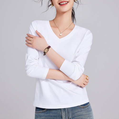 高级感丝光棉长袖v领T恤女