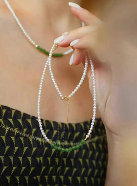 天然俄罗斯碧玉圆珠搭配天然淡水珍珠项链女款锁骨链时尚生日礼物