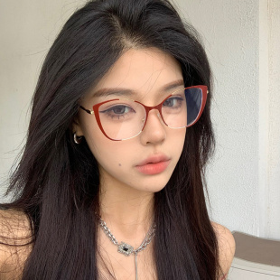复古红色金属猫眼防蓝光平光镜女素颜神器圆脸近视可配度数眼镜框