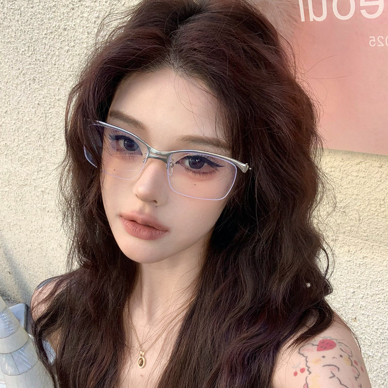金属银色半框猫眼清冷高级感眼镜女可配度数近视素颜防蓝光眼睛架