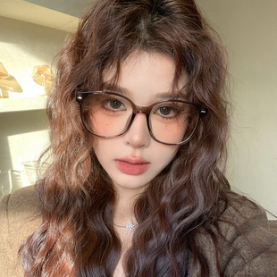 高级感素颜神器大脸显瘦可配度数复古平光镜架 冷茶色大框眼镜女款