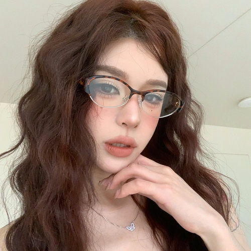 复古豹纹猫眼半框眼镜女可配度数