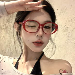 复古椭圆红色素颜神器女潮大框遮脸防蓝光可配度数近视眼镜方圆脸