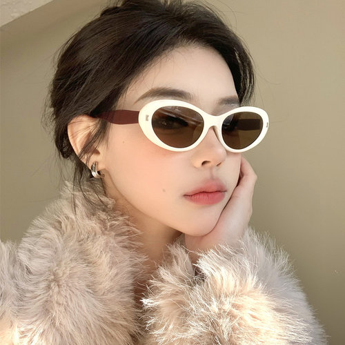 复古椭圆白色猫眼墨镜女防紫外线