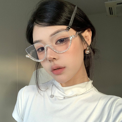 透明镶钻半框猫眼镜框可配有度数