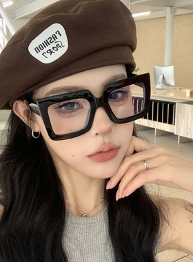 欧美复古黑色粗框懒人素颜眼镜大框方形女大圆脸显瘦配度数眼镜框