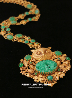 Askew london猫头鹰雕花玉石琉璃中古项链