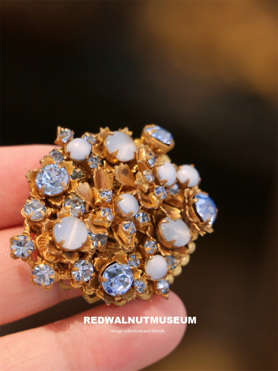 精品藏品De mario联名Robert立体花瓣蓝色琉璃莱茵石巨闪中古胸针