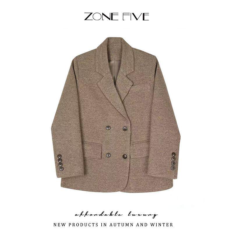 zonefive复古斜纹毛呢西装外套女双排扣宽松通勤高级感呢子大衣