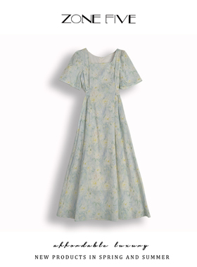 zonefive法式方领印花连衣裙女夏季新款收腰显瘦高腰气质A字裙子