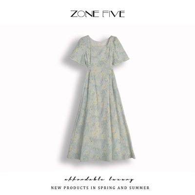 法式方领印花连衣裙收腰显瘦裙子