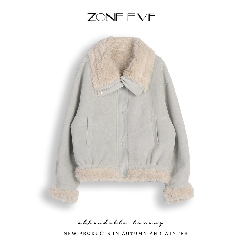 zonefive冬新款人造皮草短款仿羊羔毛外套女机车服小个子加厚上衣