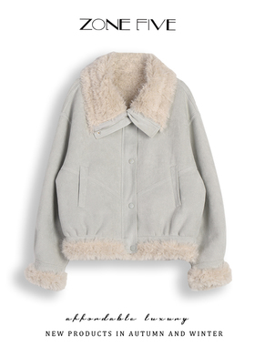 zonefive冬新款人造皮草短款仿羊羔毛外套女机车服小个子加厚上衣