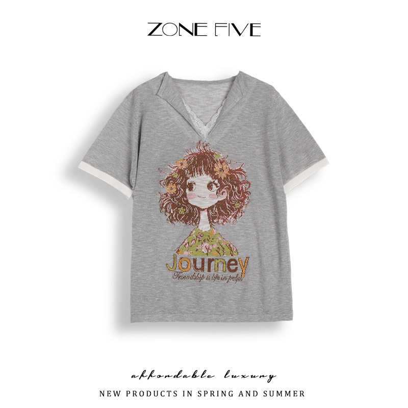 zonefive夏新款宽松薄款桑蚕丝短袖女韩版时尚减龄V领显瘦百搭T恤