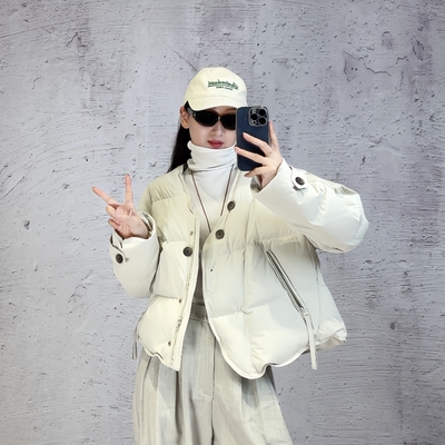 25年新款90白鸭绒羽绒服女短款小个子加厚保暖V领面包服外套
