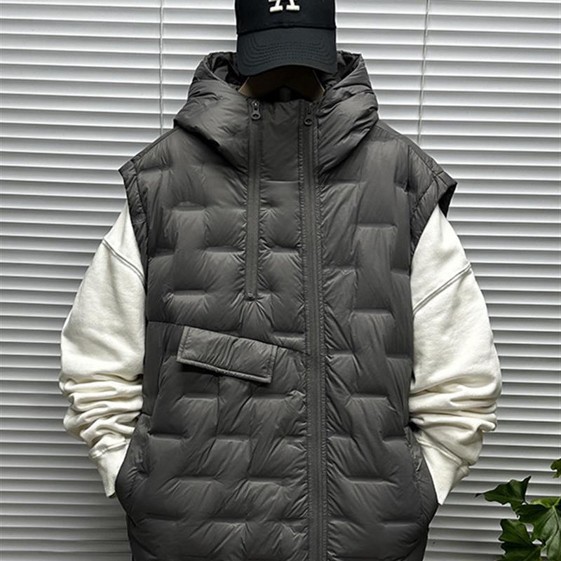 不对称格子连帽羽绒马甲男士冬季装大码青少年保暖无袖坎肩外套潮